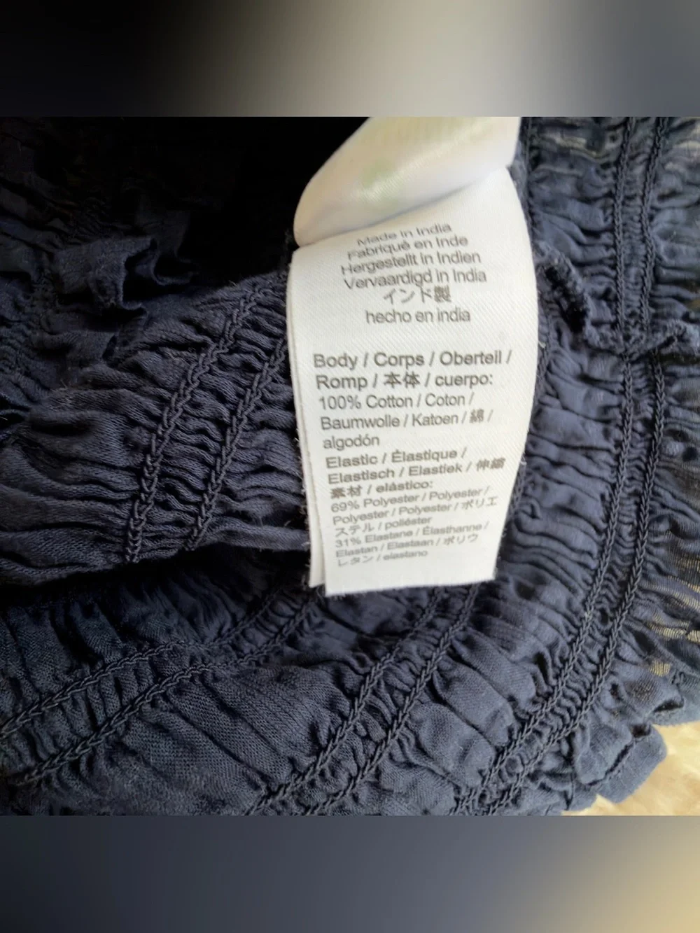 J. Crew Navy Textured Smocked Puff-Sleeve Blouse - S